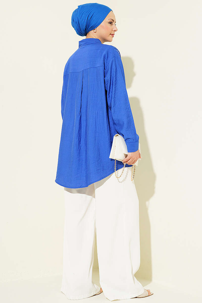 Shirt with Mini Stones on the Shoulders - Saxe Blue