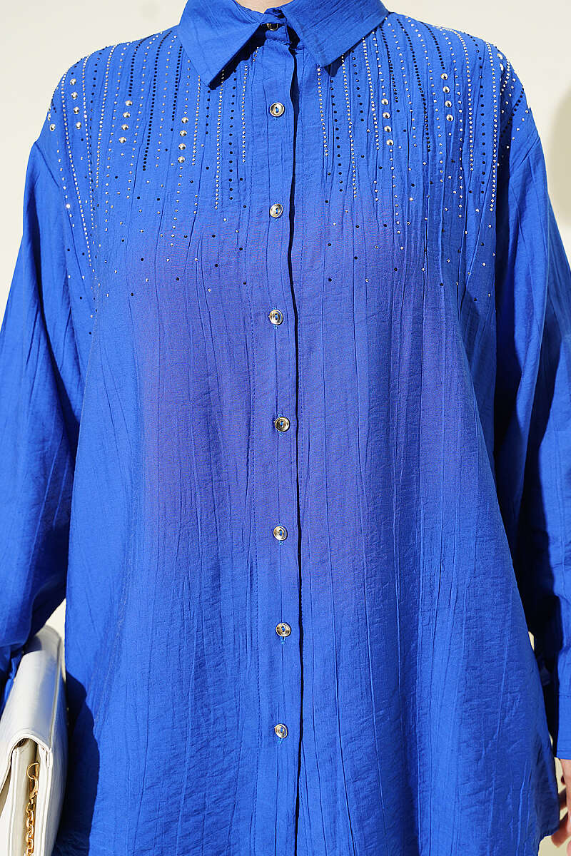 Shirt with Mini Stones on the Shoulders - Saxe Blue