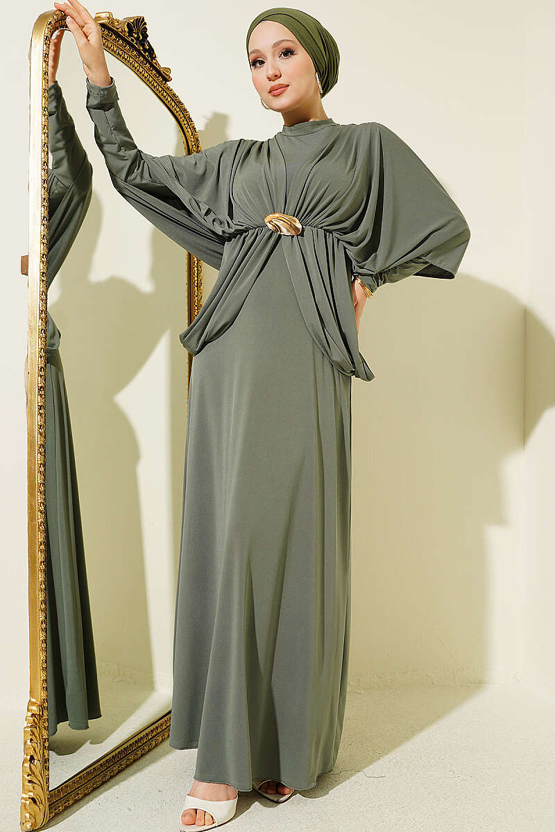 Sandy Dress with Shoulder Panels and Elastic Waist - Khaki