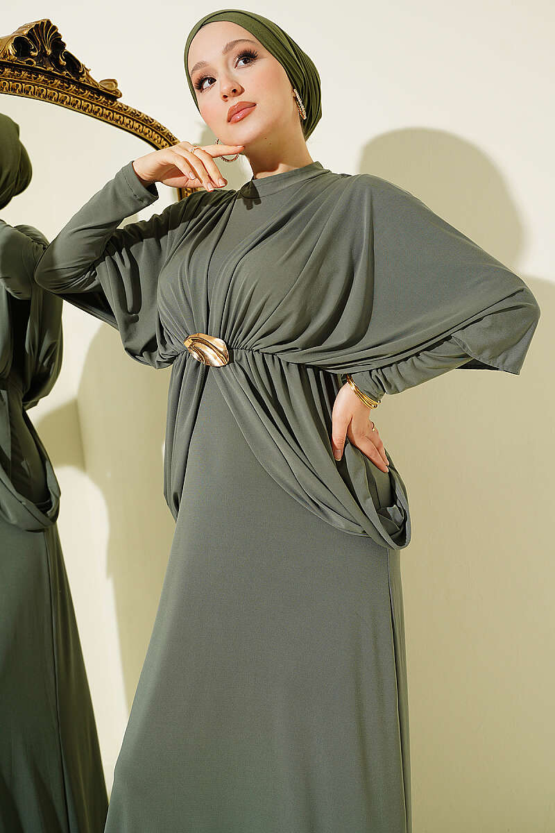 Sandy Dress with Shoulder Panels and Elastic Waist - Khaki