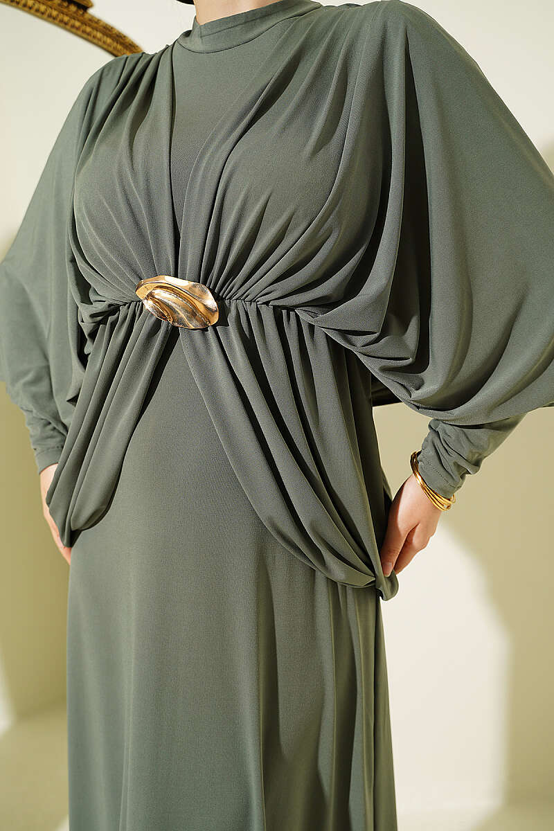 Sandy Dress with Shoulder Panels and Elastic Waist - Khaki