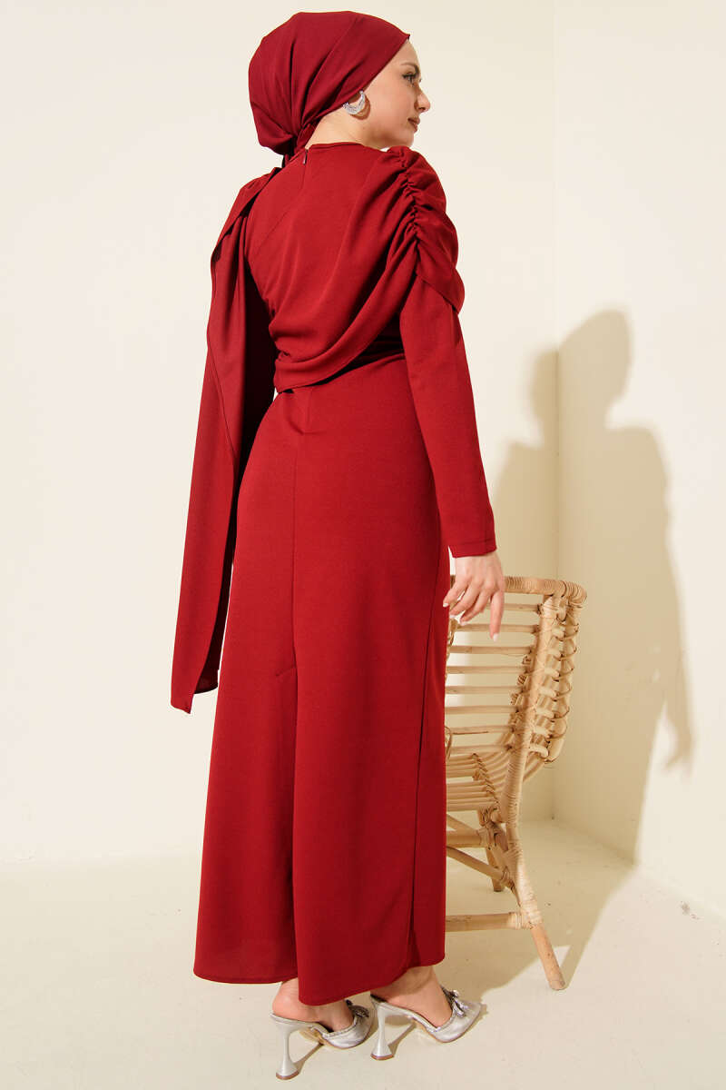 Evening Dress with Shoulder Cape Detail - Burgundy