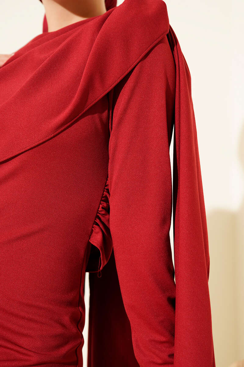 Evening Dress with Shoulder Cape Detail - Burgundy