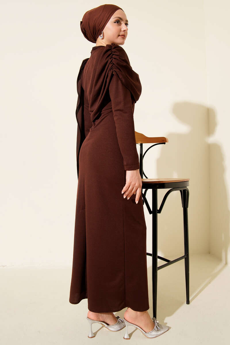 Evening Dress with Shoulder Cape Detail - Brown