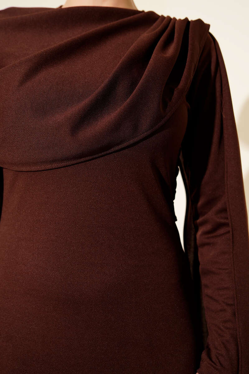 Evening Dress with Shoulder Cape Detail - Brown