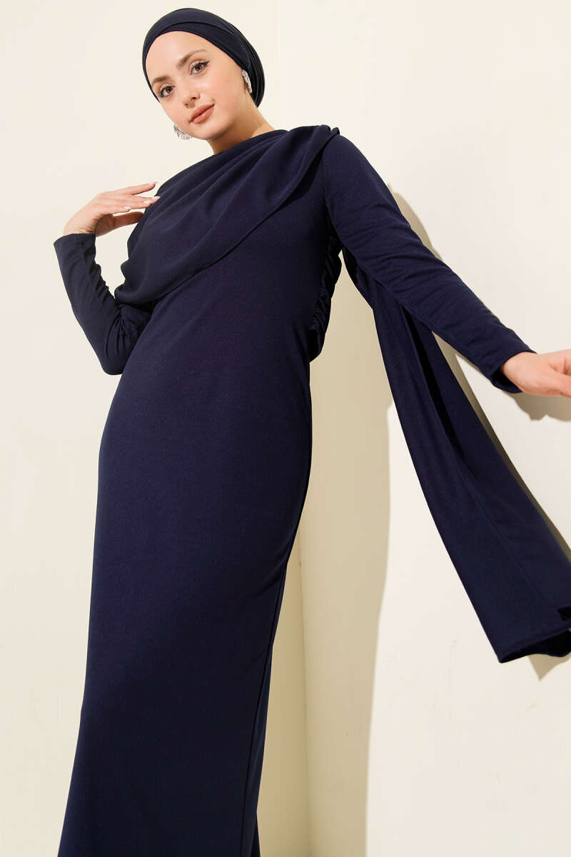 Evening Dress with Shoulder Cape Detail - Navy