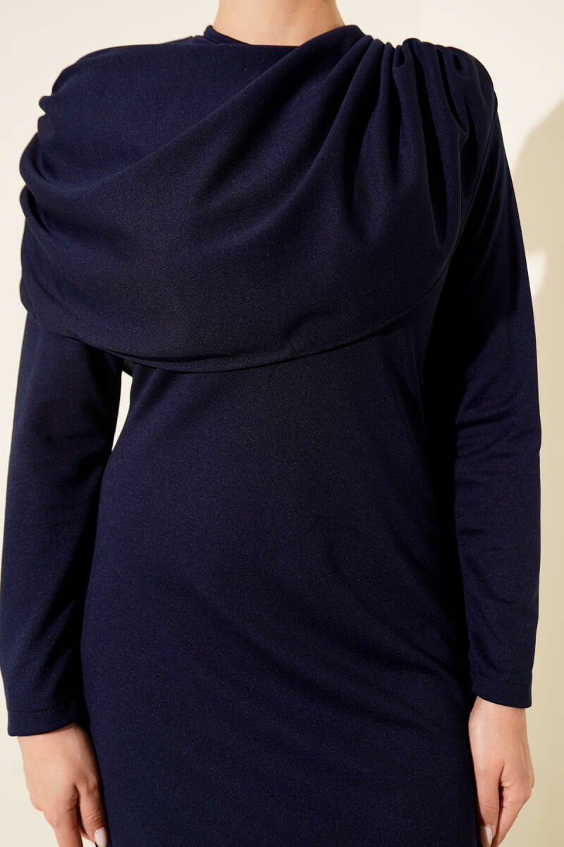 Evening Dress with Shoulder Cape Detail - Navy