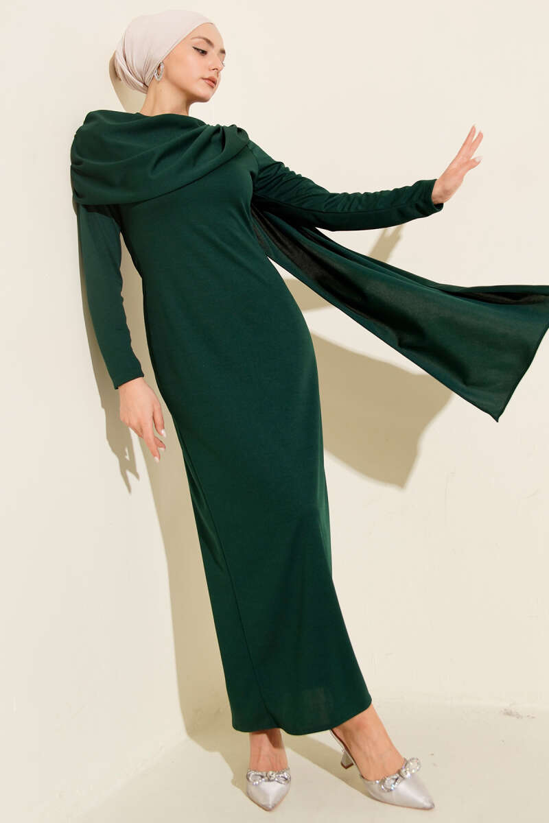 Evening Dress with Shoulder Cape Detail - Emerald