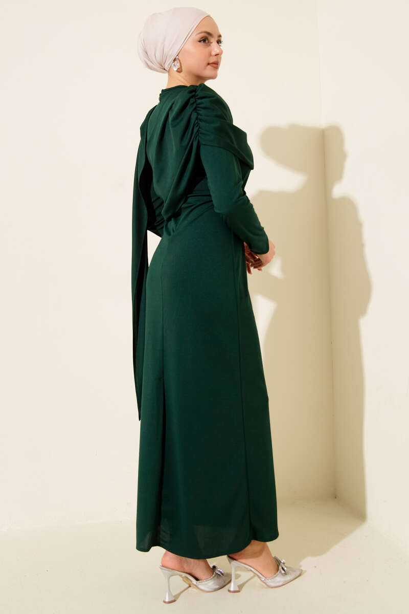 Evening Dress with Shoulder Cape Detail - Emerald