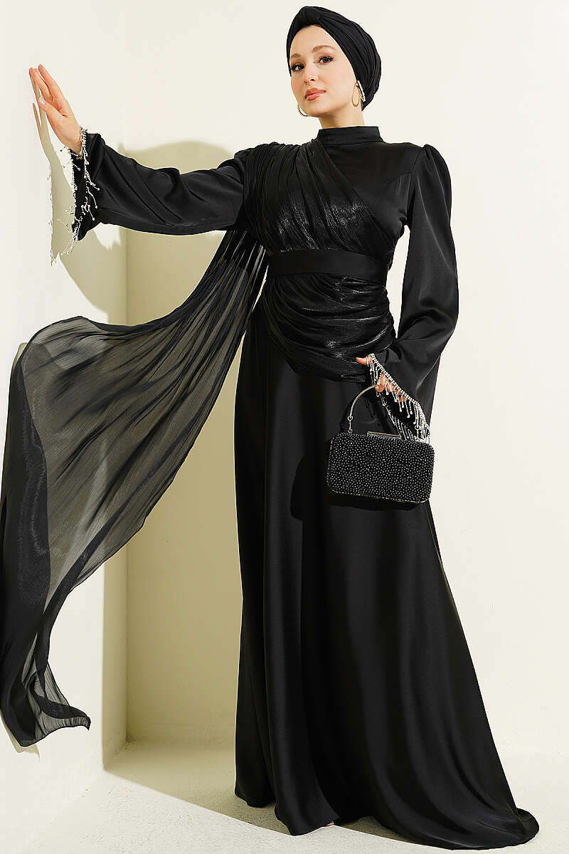 Evening Dress with Shoulder Cape and Jewelled Cuffs - Black