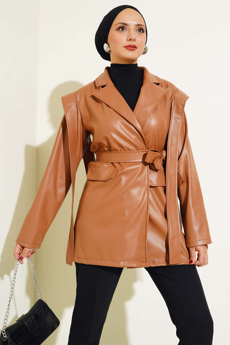 Faux Leather Jacket with Shoulder Cape - Tan
