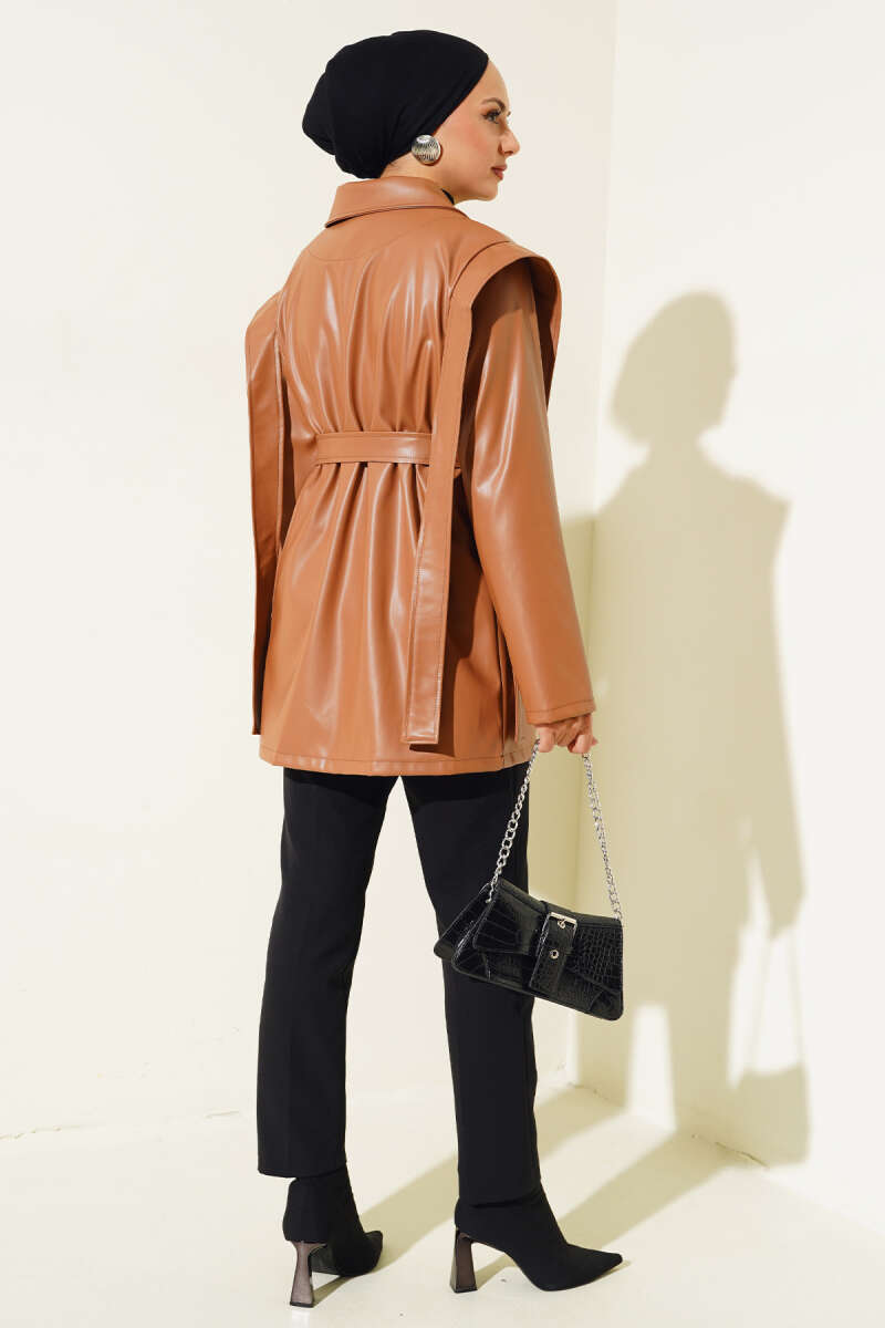 Faux Leather Jacket with Shoulder Cape - Tan