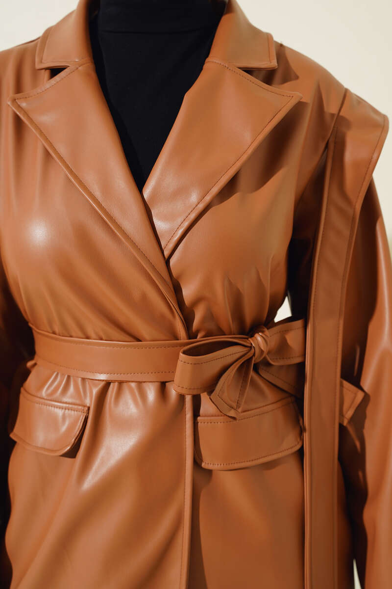 Faux Leather Jacket with Shoulder Cape - Tan