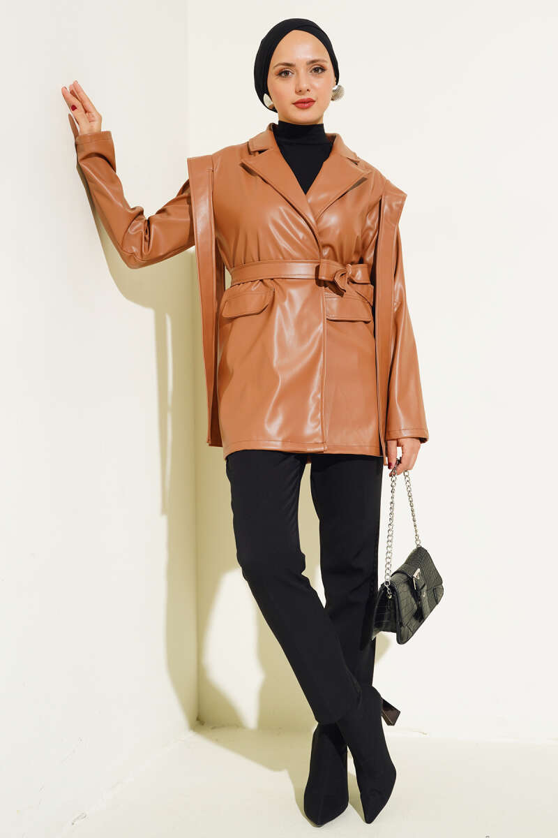 Faux Leather Jacket with Shoulder Cape - Tan