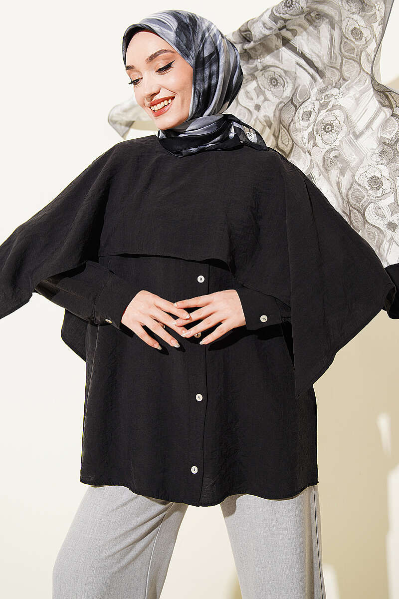Tunic with Shoulder Cape and Button Detail - Black