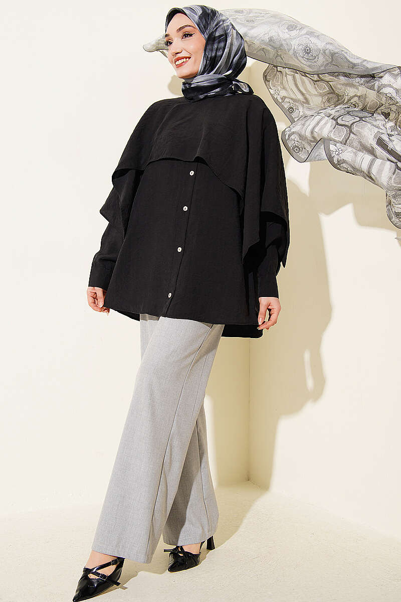 Tunic with Shoulder Cape and Button Detail - Black