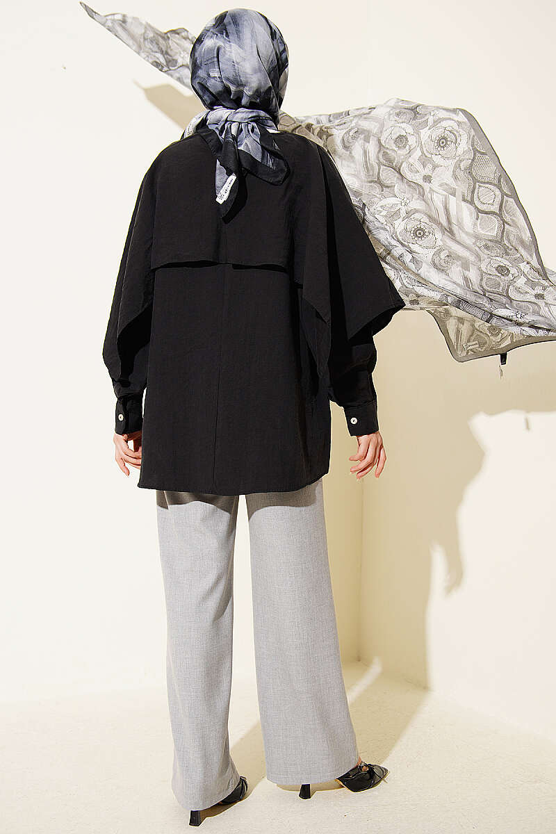 Tunic with Shoulder Cape and Button Detail - Black
