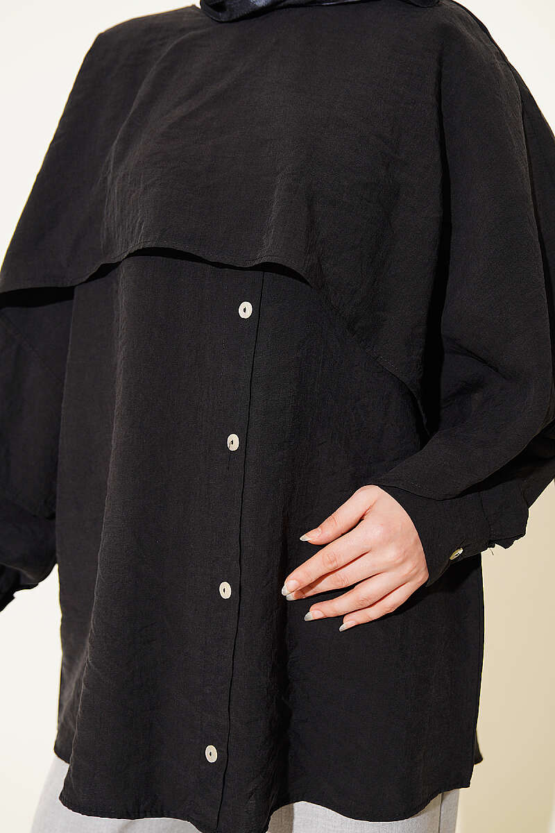 Tunic with Shoulder Cape and Button Detail - Black