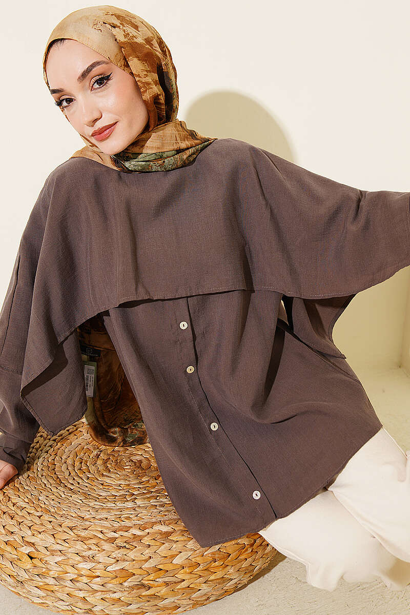 Tunic with Shoulder Cape and Button Detail - Mink
