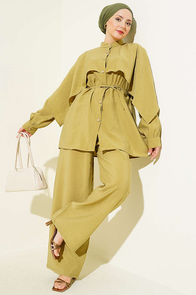 Two-Piece Set with Shoulder Cape and Gold Buttons - Almond Green