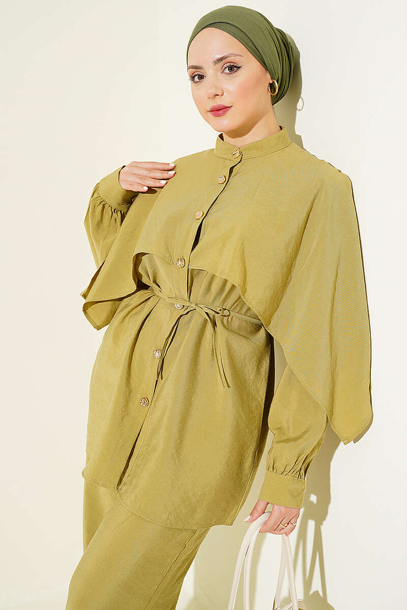 Two-Piece Set with Shoulder Cape and Gold Buttons - Almond Green