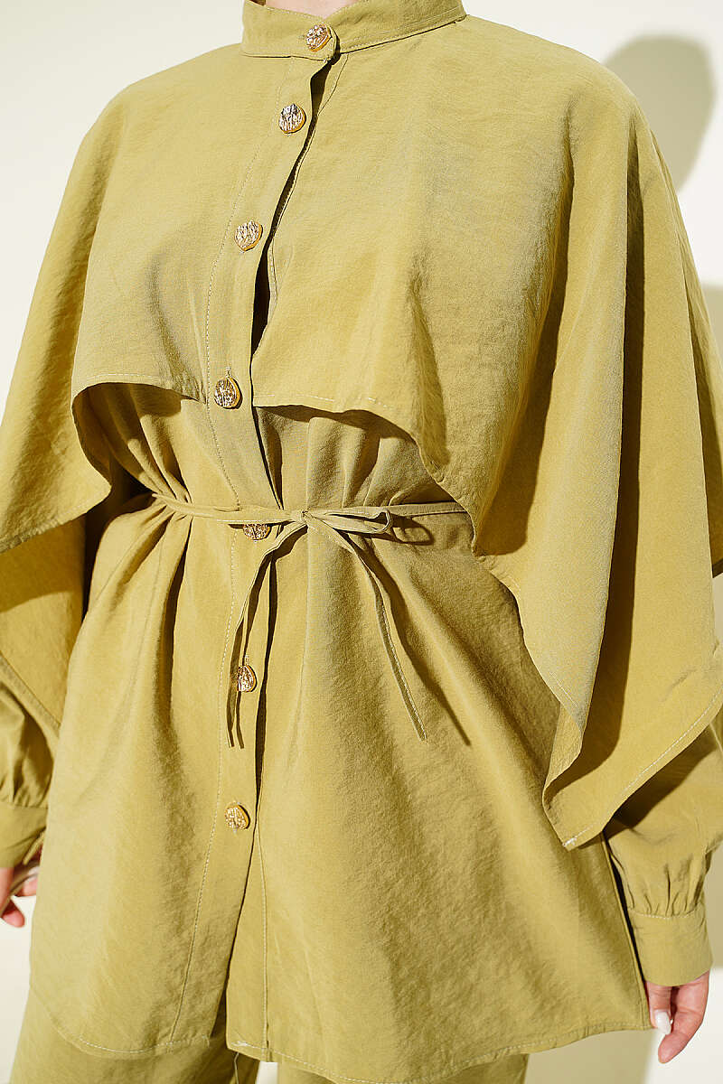 Two-Piece Set with Shoulder Cape and Gold Buttons - Almond Green