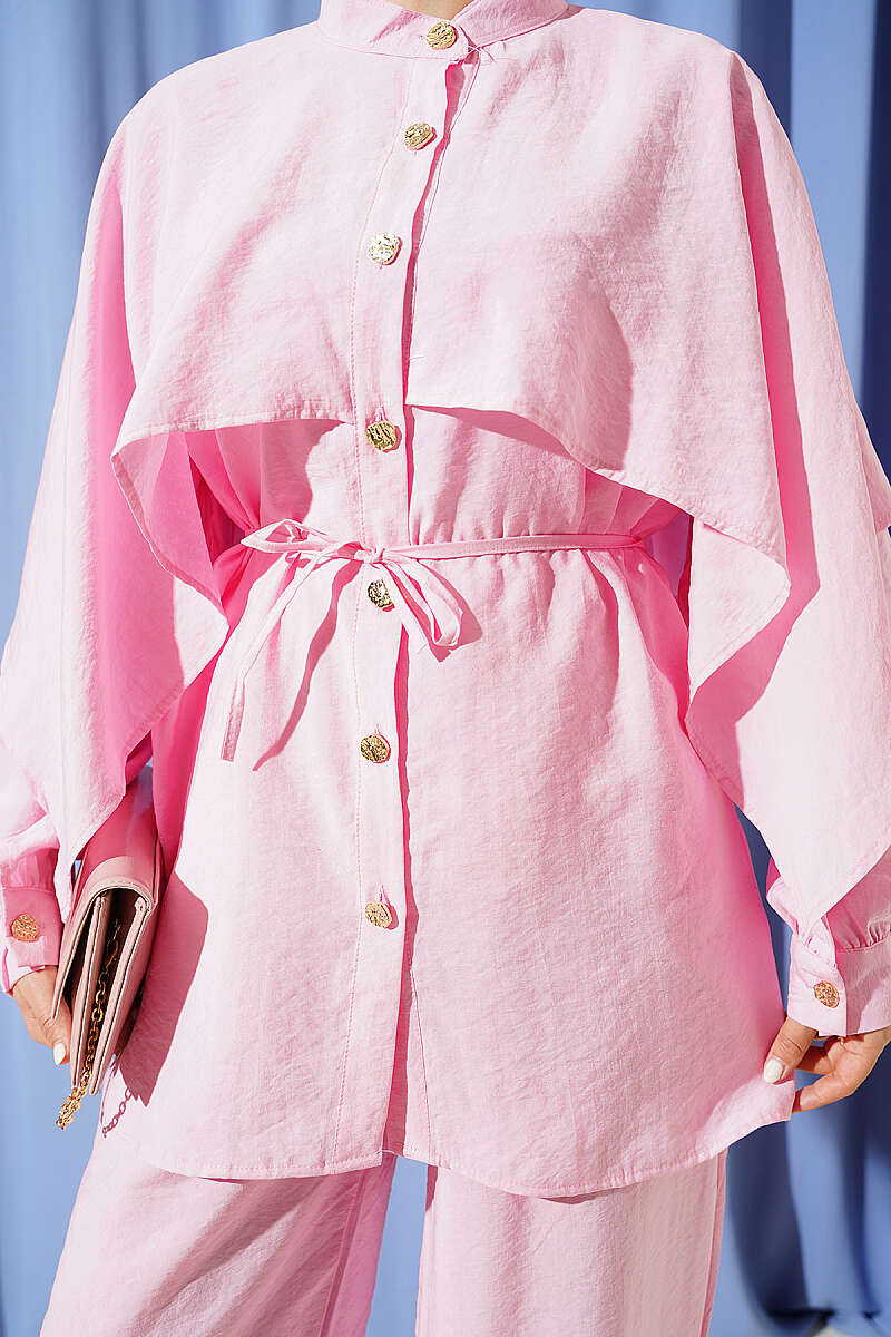 Two-Piece Set with Shoulder Cape and Gold Buttons - Pink