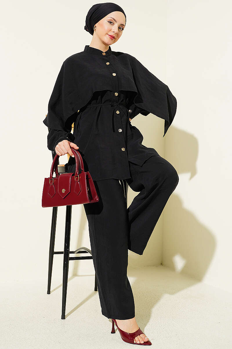 Two-Piece Set with Shoulder Cape and Gold Buttons - Black