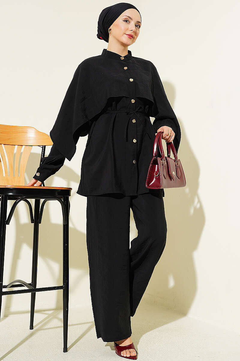 Two-Piece Set with Shoulder Cape and Gold Buttons - Black