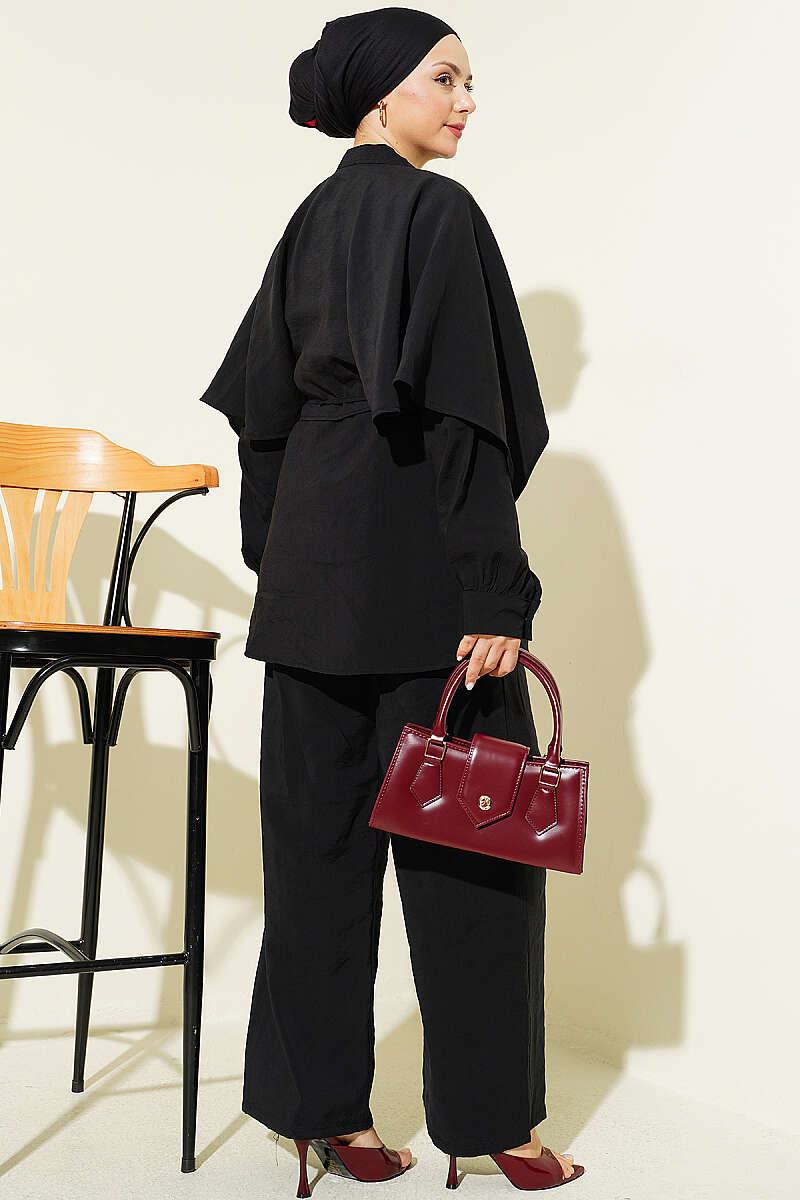 Two-Piece Set with Shoulder Cape and Gold Buttons - Black