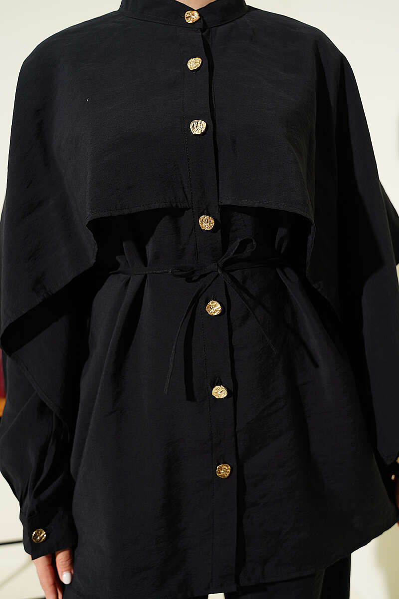 Two-Piece Set with Shoulder Cape and Gold Buttons - Black