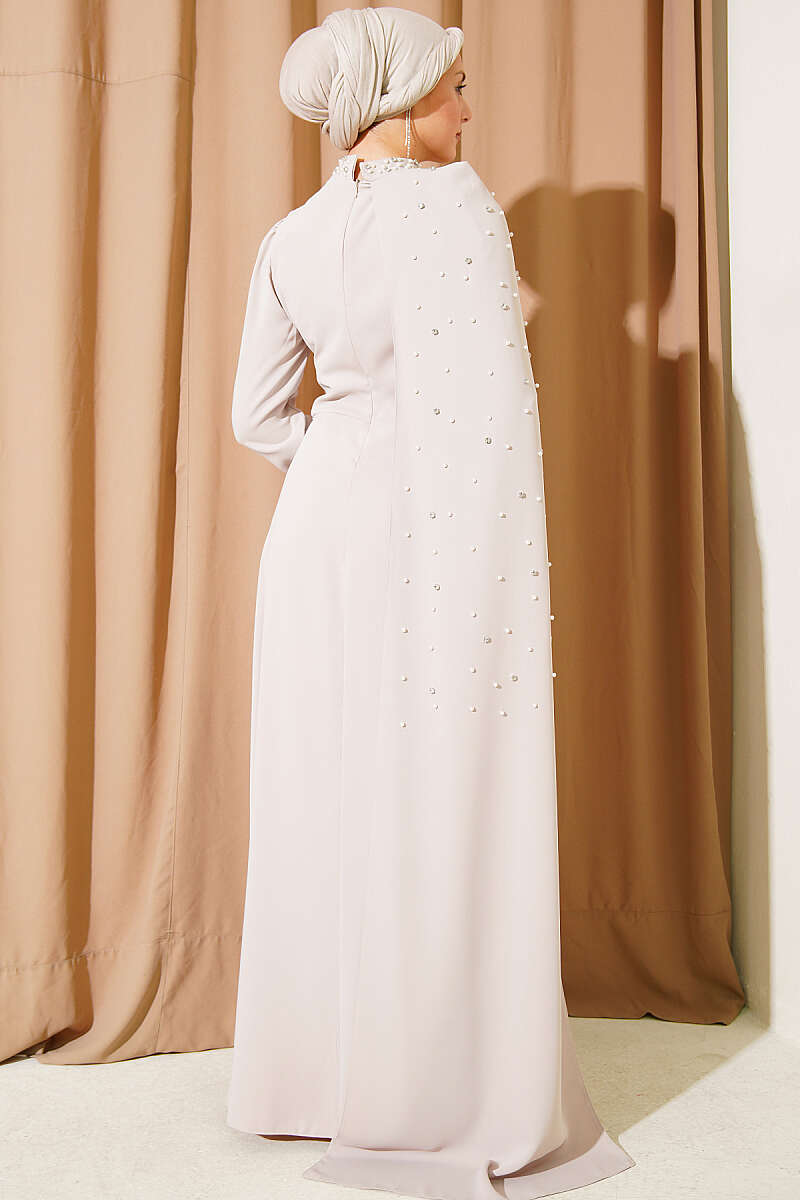 Pearl Evening Dress with Shoulder Cape - Beige