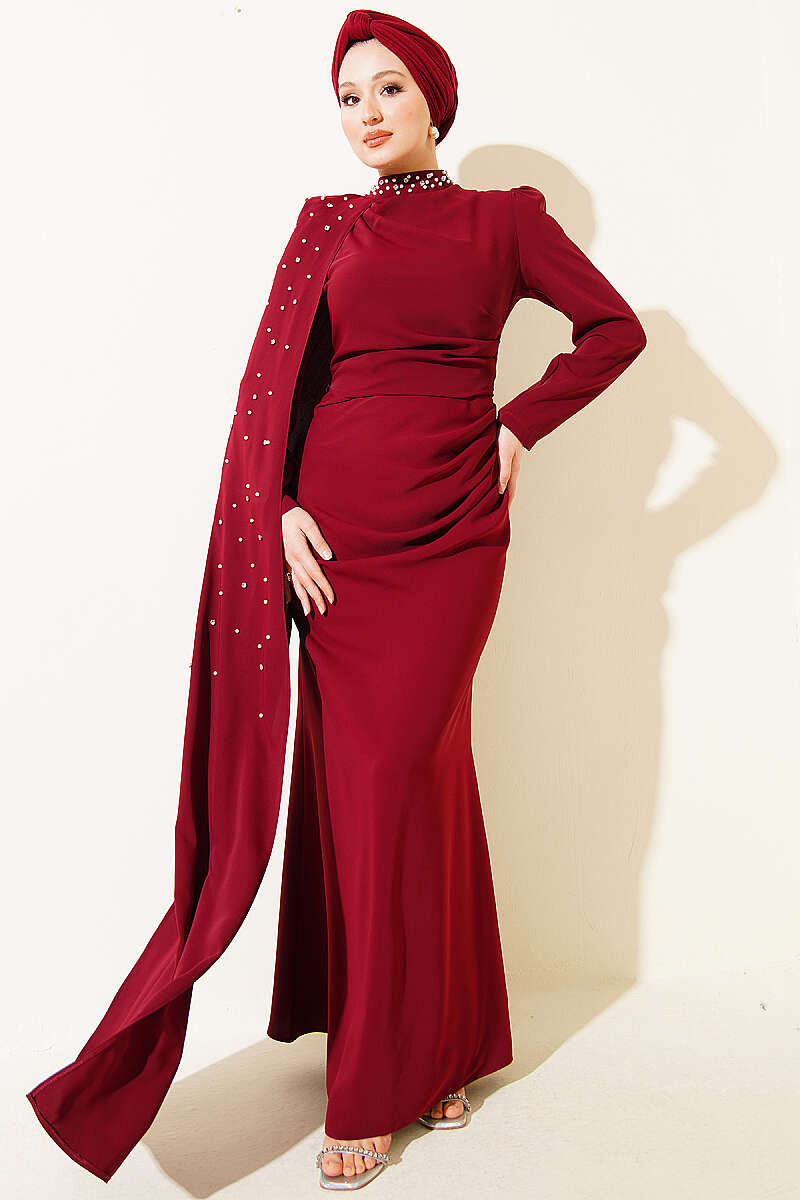 Pearl Evening Dress with Shoulder Cape - Burgundy