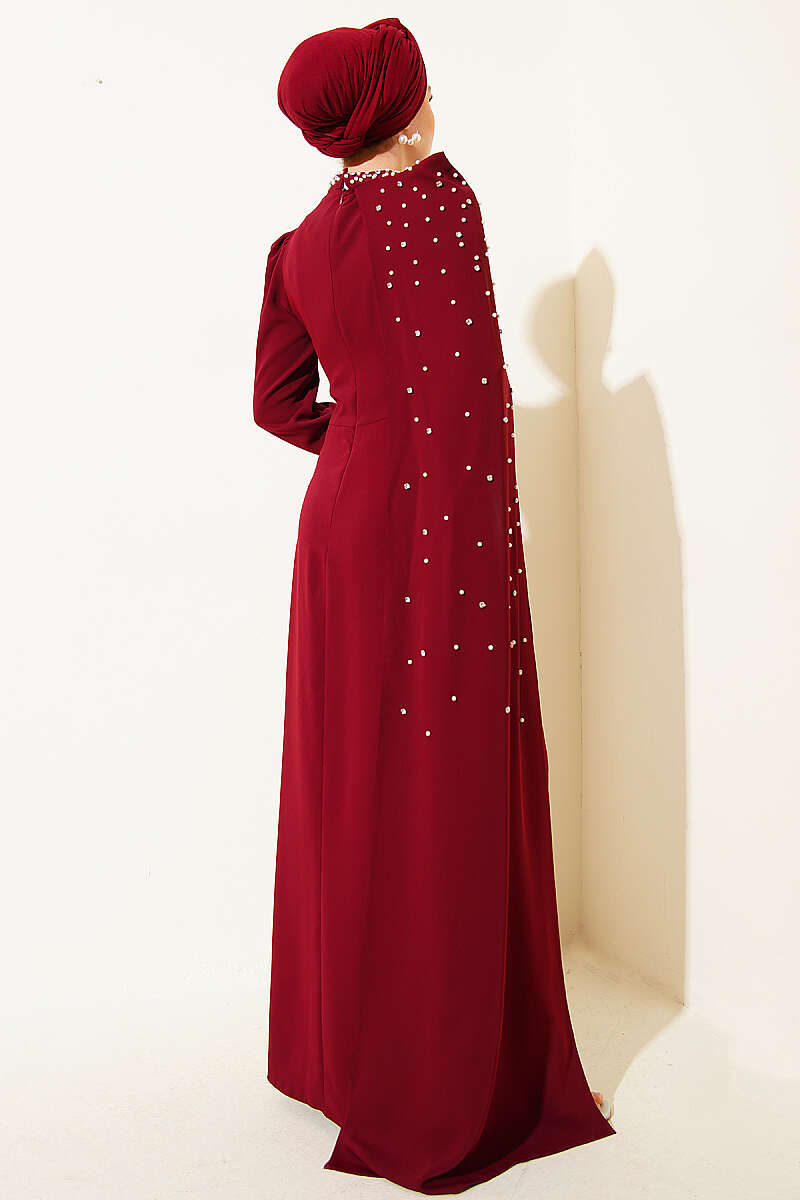 Pearl Evening Dress with Shoulder Cape - Burgundy