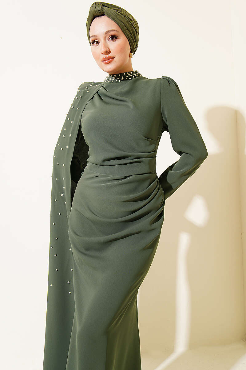 Pearl Evening Dress with Shoulder Cape - Khaki