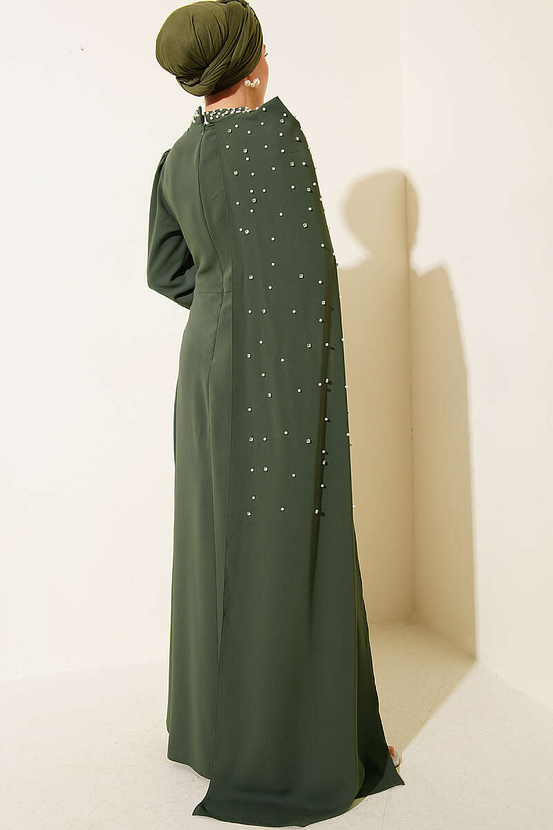 Pearl Evening Dress with Shoulder Cape - Khaki
