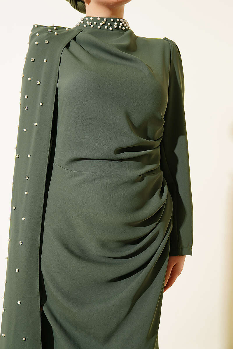 Pearl Evening Dress with Shoulder Cape - Khaki