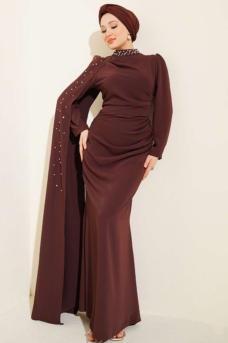 Pearl Evening Dress with Shoulder Cape - Brown
