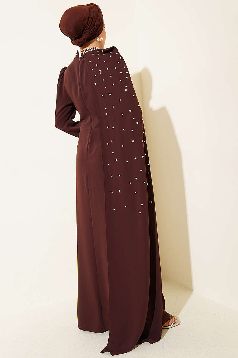 Pearl Evening Dress with Shoulder Cape - Brown