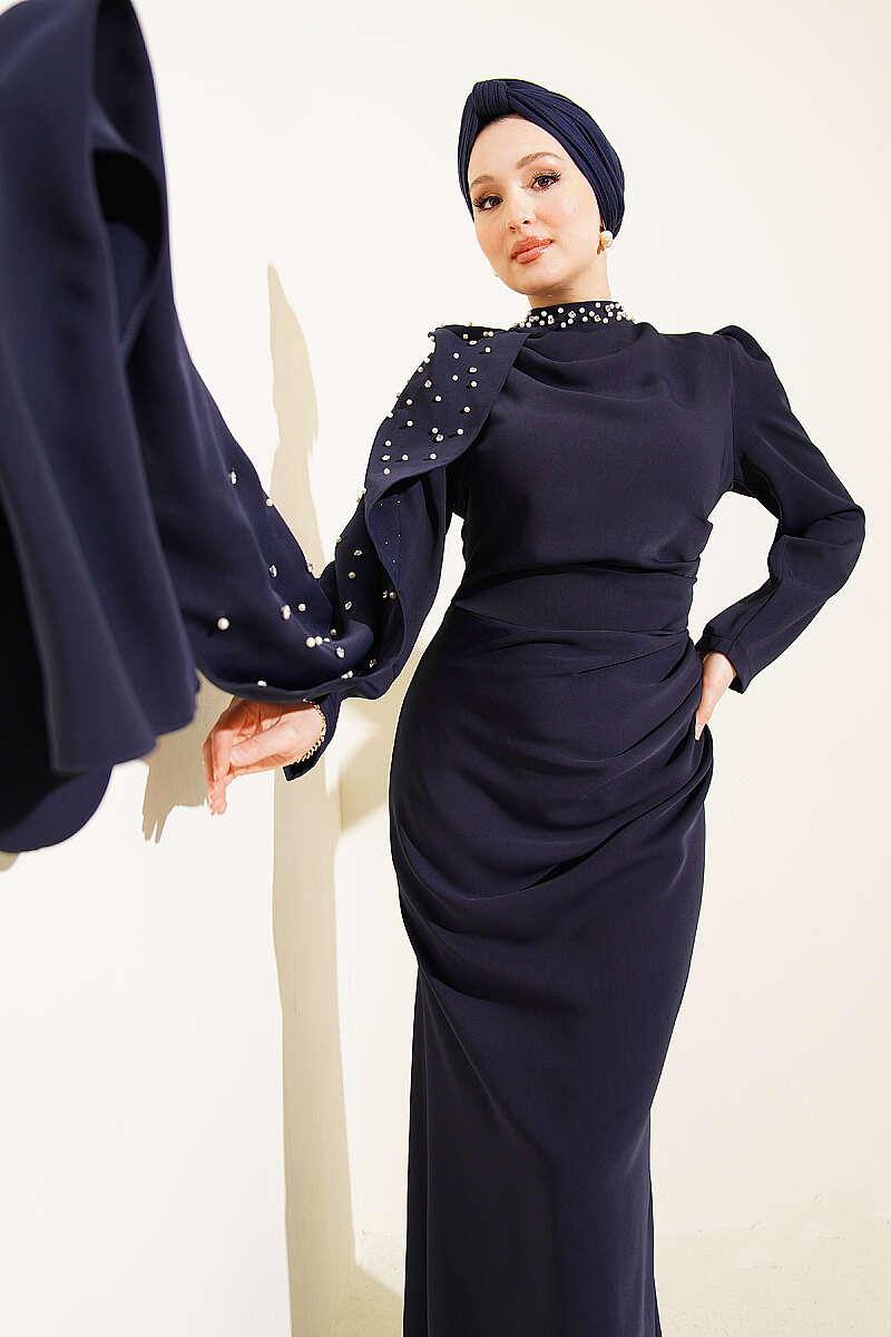 Pearl Evening Dress with Shoulder Cape - Navy