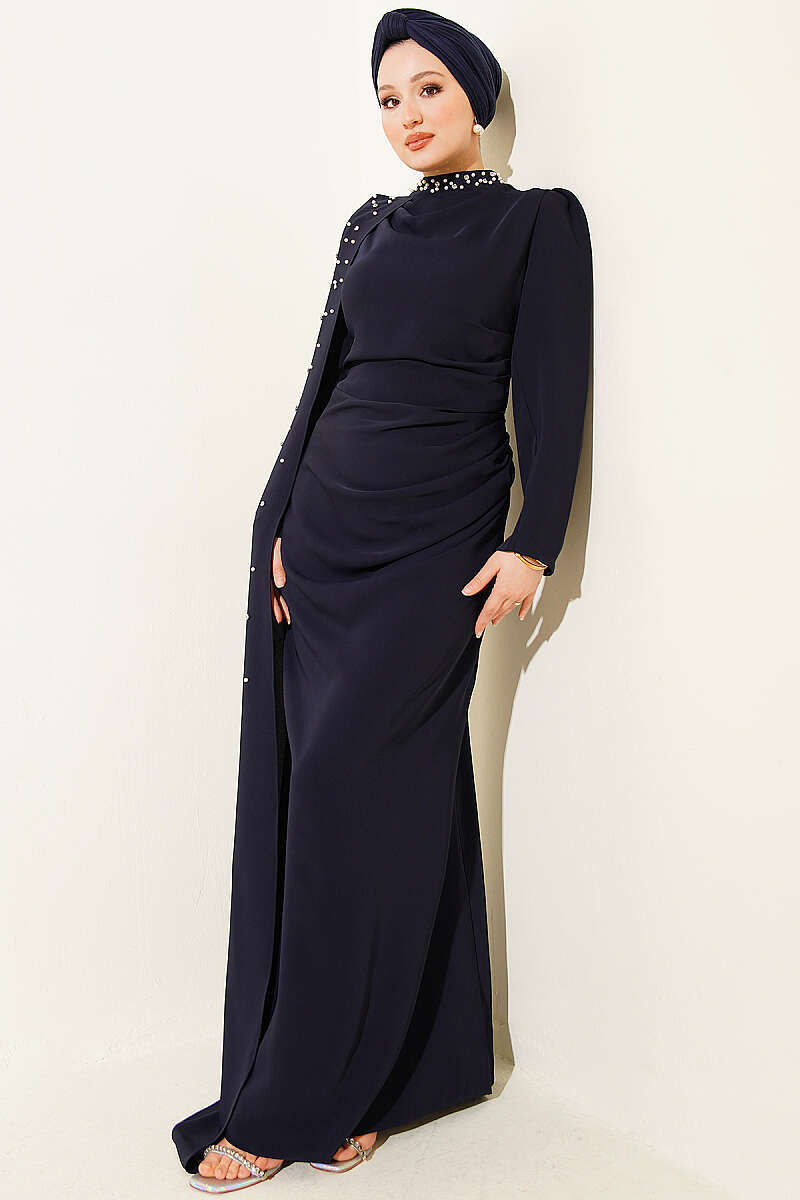 Pearl Evening Dress with Shoulder Cape - Navy