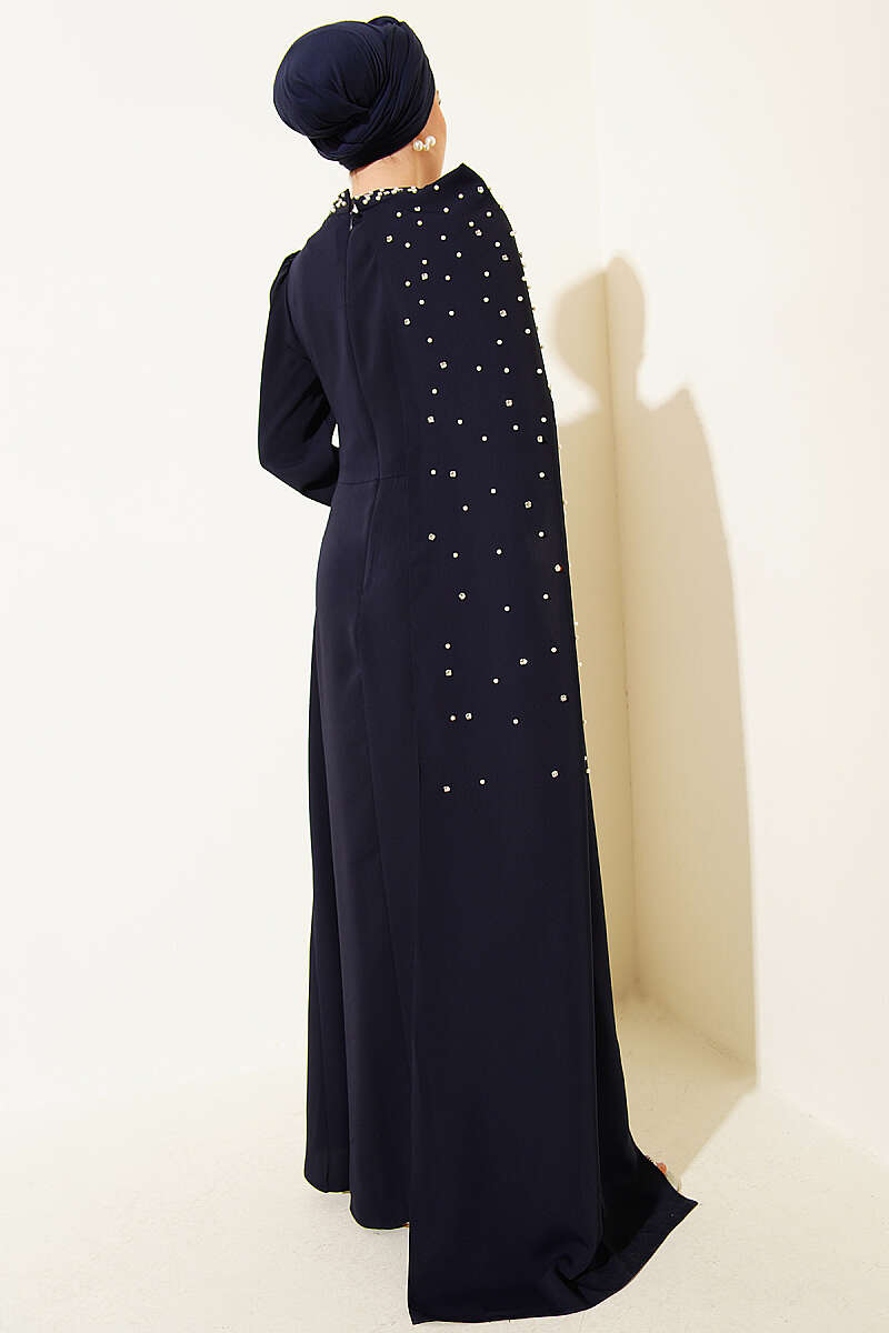 Pearl Evening Dress with Shoulder Cape - Navy