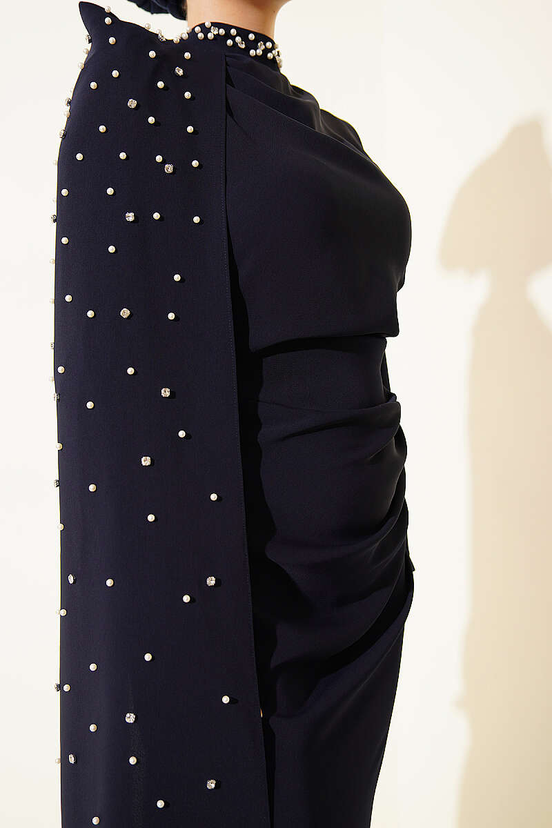 Pearl Evening Dress with Shoulder Cape - Navy