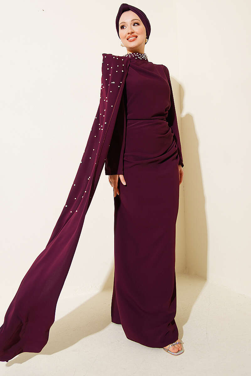 Pearl Evening Dress with Shoulder Cape - Plum