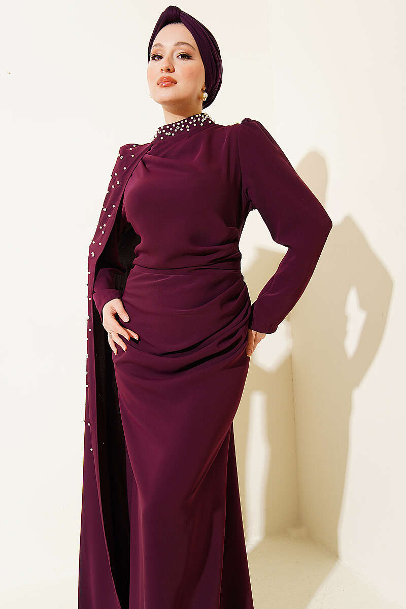 Pearl Evening Dress with Shoulder Cape - Plum