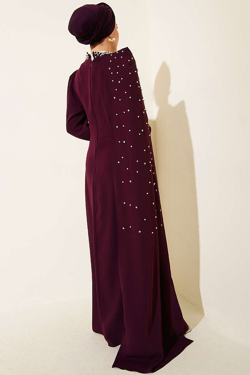 Pearl Evening Dress with Shoulder Cape - Plum