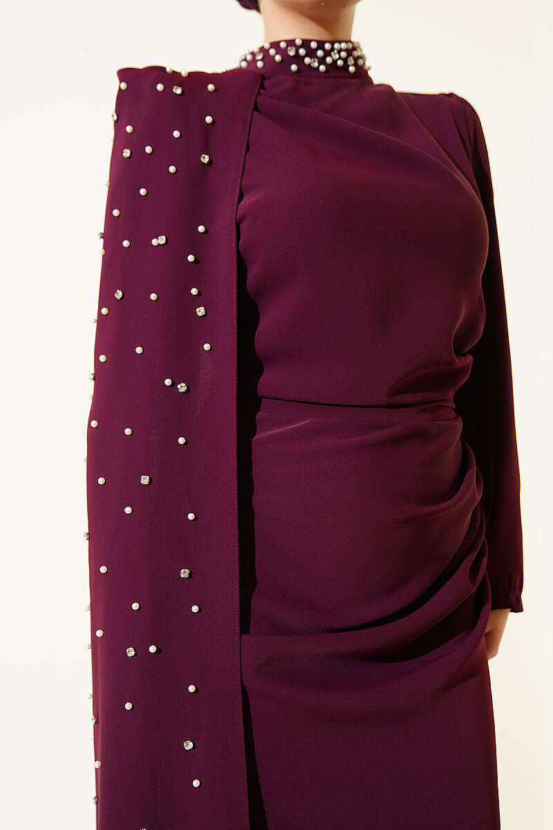 Pearl Evening Dress with Shoulder Cape - Plum