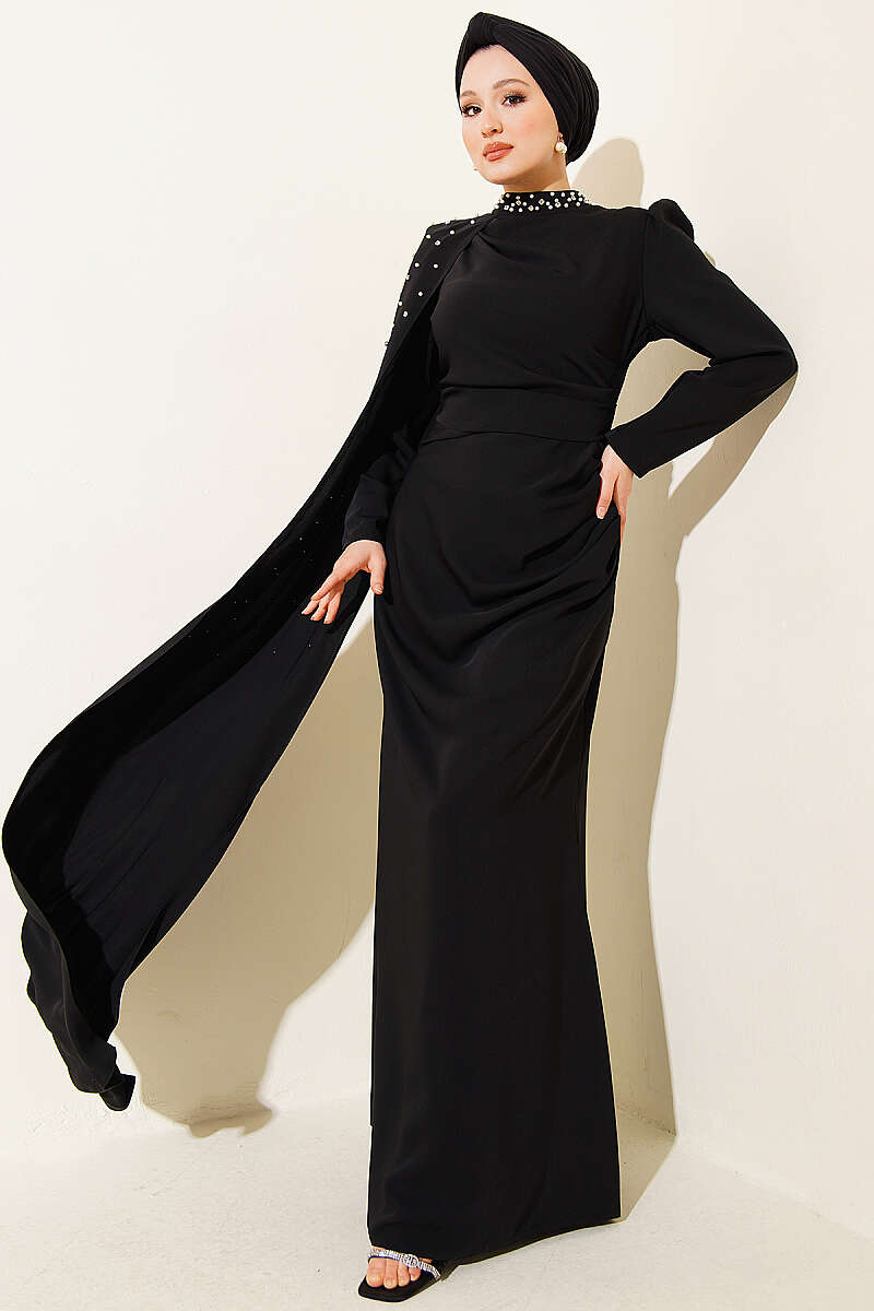Pearl Evening Dress with Shoulder Cape - Black