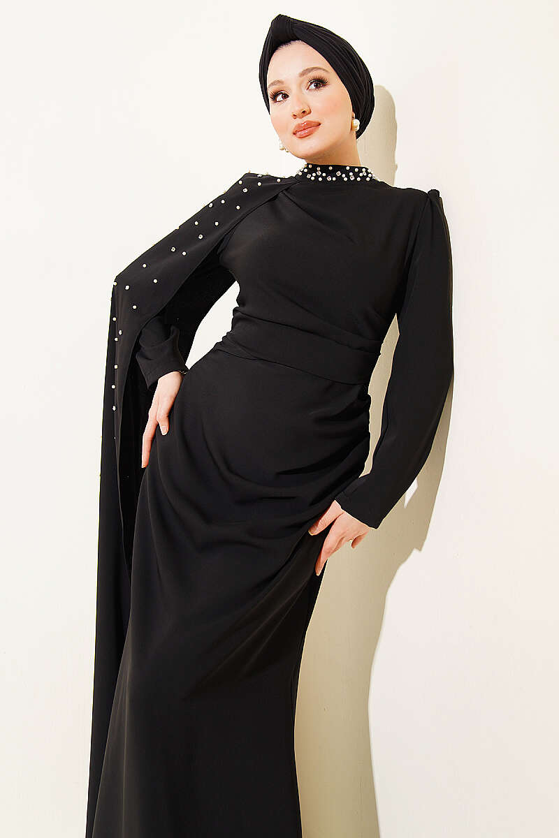 Pearl Evening Dress with Shoulder Cape - Black