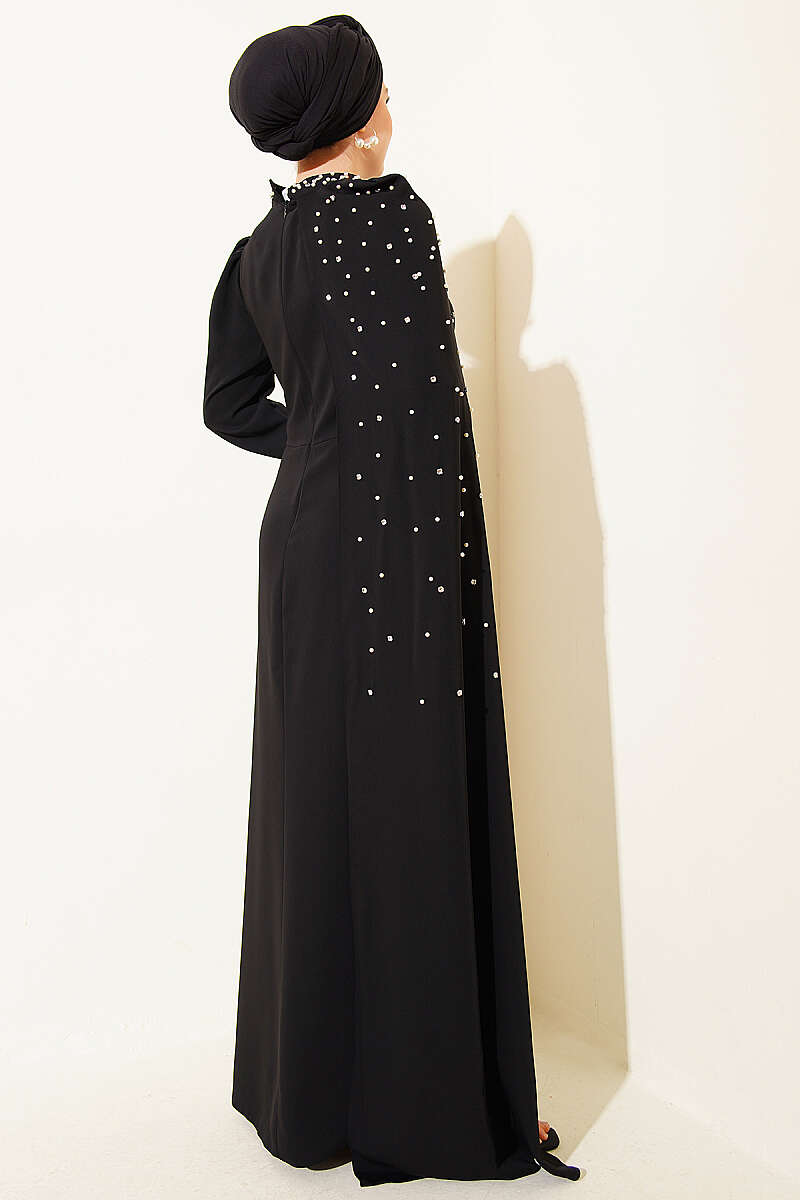 Pearl Evening Dress with Shoulder Cape - Black